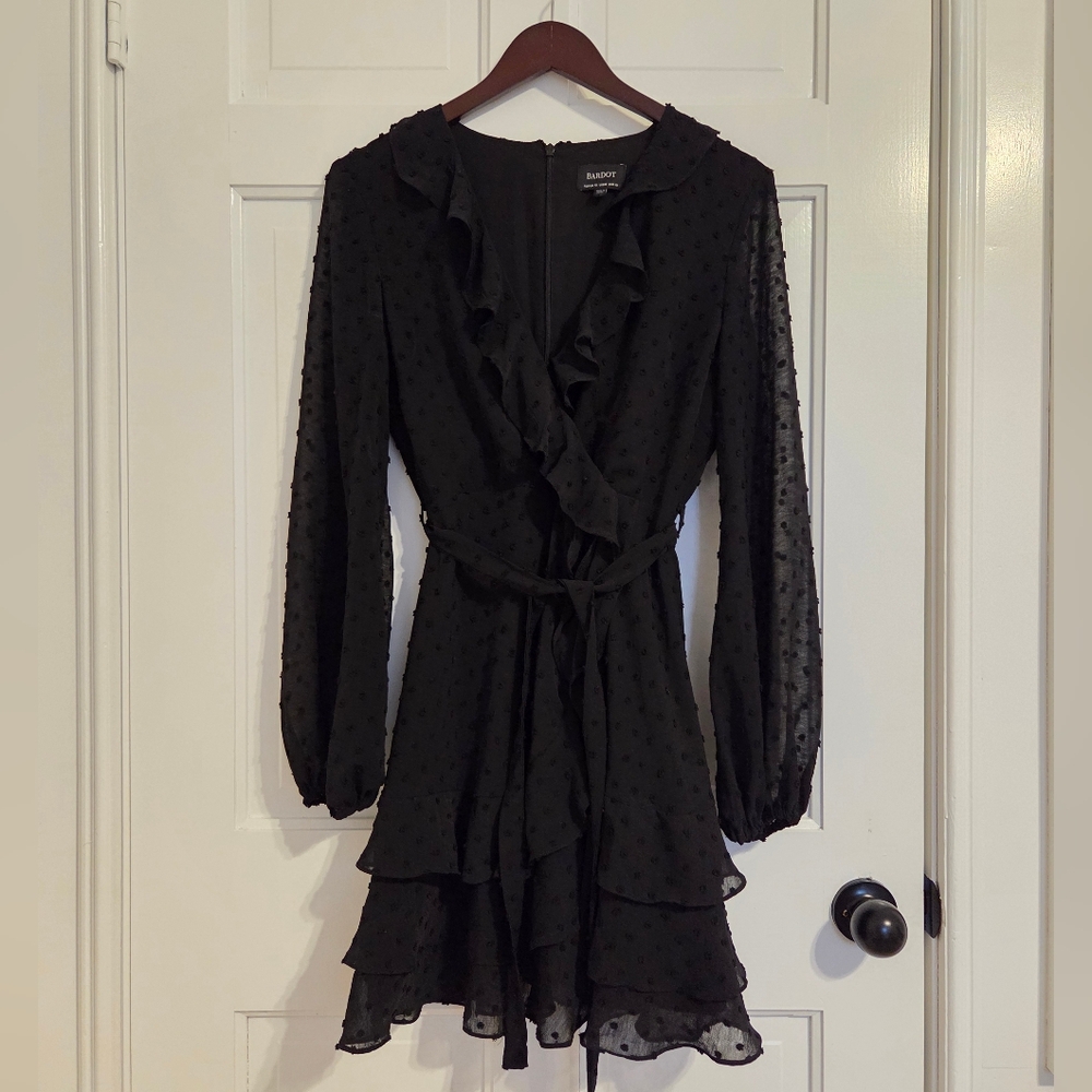 Bardot Long Sleeve Chiffon Ruffle Frills Wrap Dress with dotted design